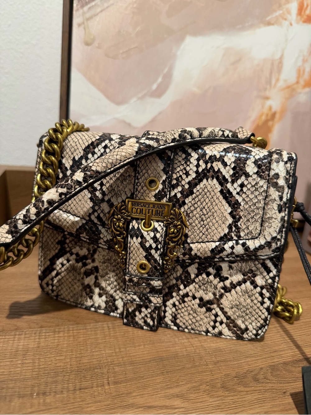 Versace couture Collection Snake-Print Crossbody Bag in Beige/Black